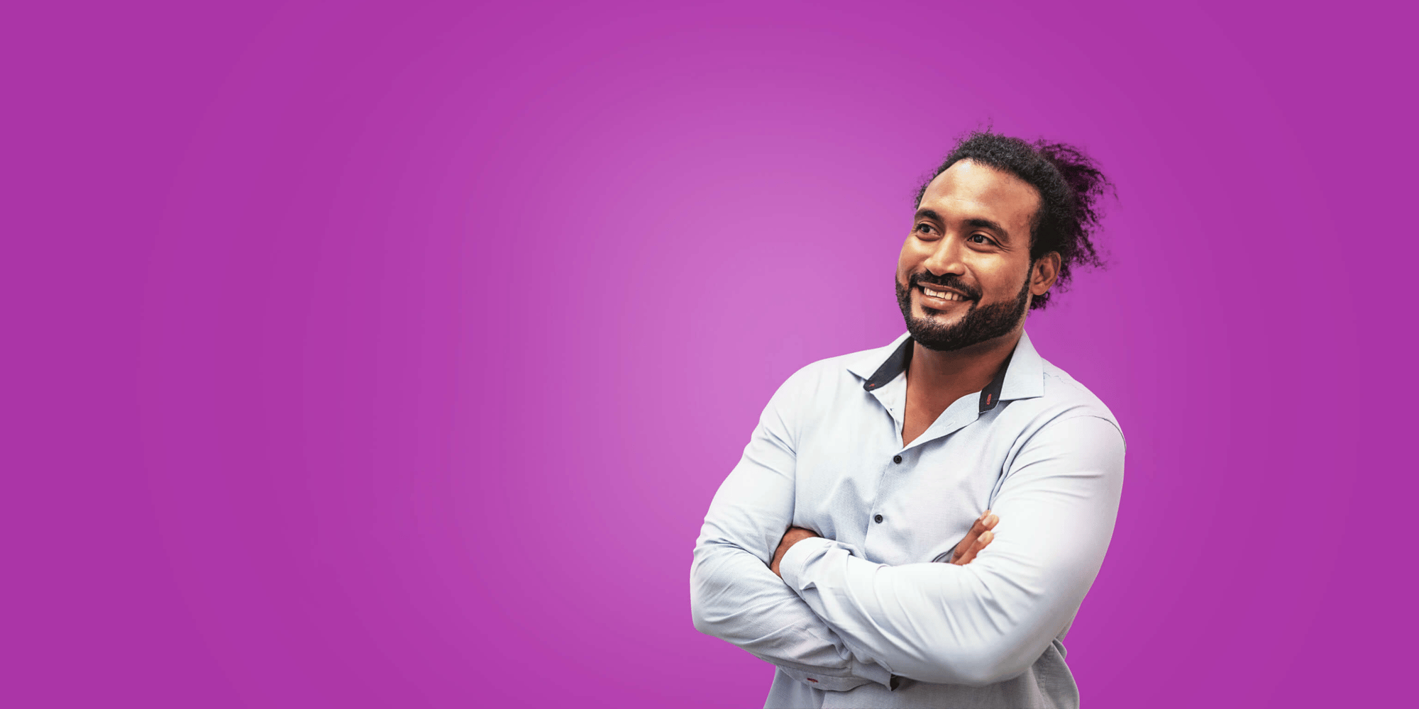 Purple man with arms crossed